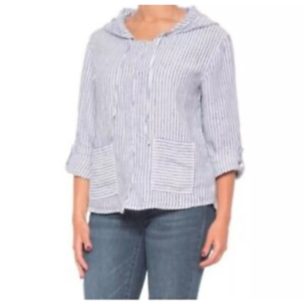 Tahari  100% Linen Button Front Hooded Striped Shirt Jacket Pockets Blue SZ S